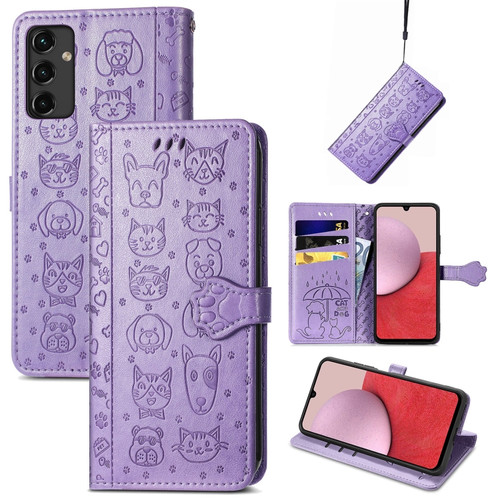 Samsung Galaxy A14 5G Cute Cat and Dog Embossed Leather Phone Case - Purple