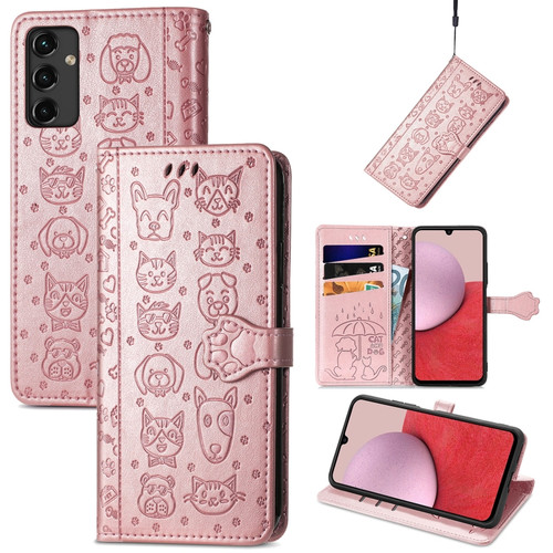 Samsung Galaxy A14 5G Cute Cat and Dog Embossed Leather Phone Case - Rose Gold