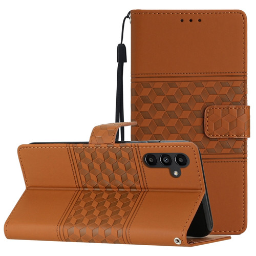 Samsung Galaxy A14 5G Diamond Embossed Skin Feel Leather Phone Case with Lanyard - Brown