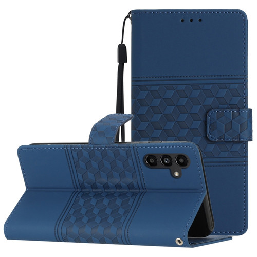 Samsung Galaxy A14 5G Diamond Embossed Skin Feel Leather Phone Case with Lanyard - Dark Blue