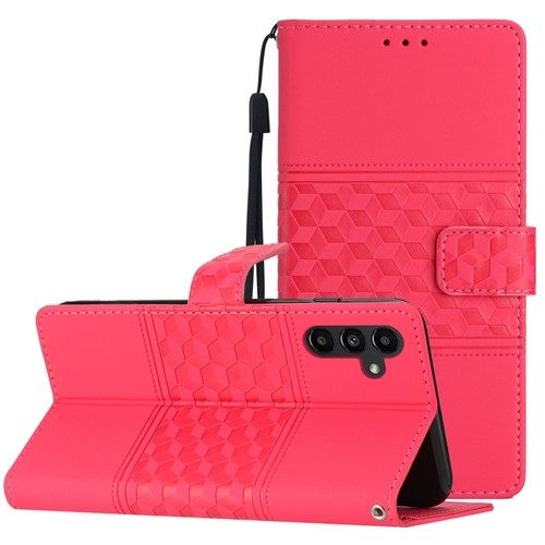 Samsung Galaxy A14 5G Diamond Embossed Skin Feel Leather Phone Case with Lanyard - Red