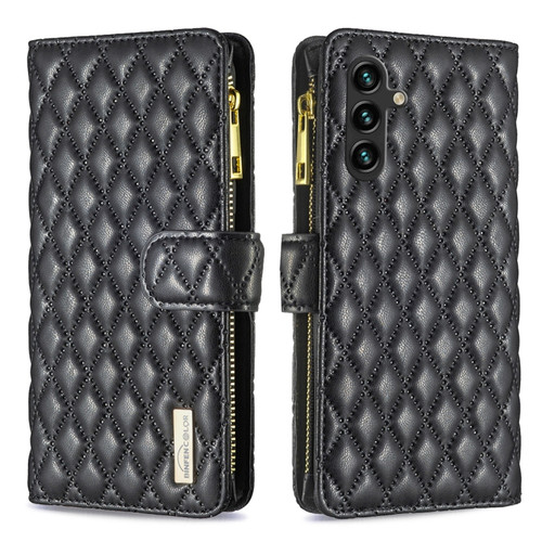 Samsung Galaxy A14 5G Diamond Lattice Zipper Wallet Leather Flip Phone Case - Black