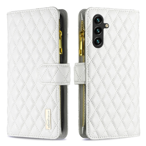 Samsung Galaxy A14 5G Diamond Lattice Zipper Wallet Leather Flip Phone Case - White