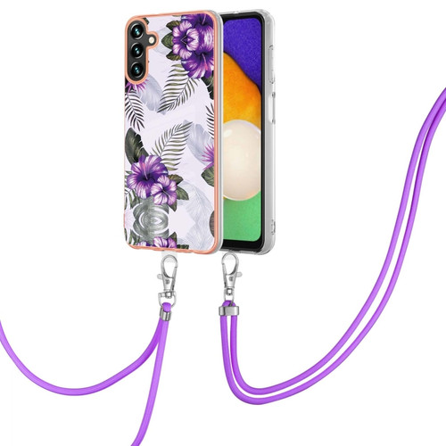 Samsung Galaxy A14 5G Electroplating IMD TPU Phone Case with Lanyard - Purple Flower