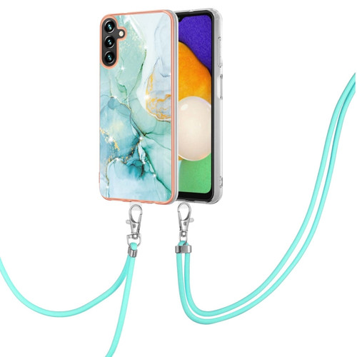 Samsung Galaxy A14 5G Electroplating Marble Dual-side IMD TPU Phone Case with Lanyard - Green 003