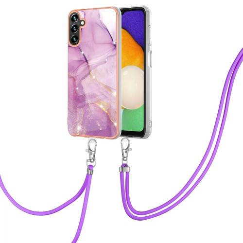 Samsung Galaxy A14 5G Electroplating Marble Dual-side IMD TPU Phone Case with Lanyard - Purple 001