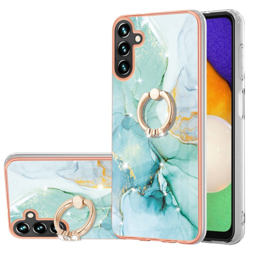 Samsung Galaxy A14 5G Electroplating Marble IMD TPU Phone Case with Ring Holder - Green 003