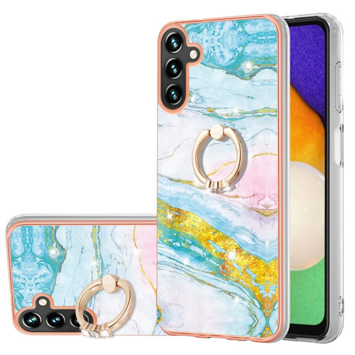 Samsung Galaxy A14 5G Electroplating Marble IMD TPU Phone Case with Ring Holder - Green 004