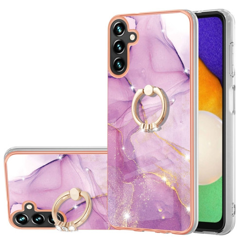 Samsung Galaxy A14 5G Electroplating Marble IMD TPU Phone Case with Ring Holder - Purple 001