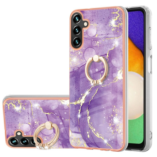 Samsung Galaxy A14 5G Electroplating Marble IMD TPU Phone Case with Ring Holder - Purple 002