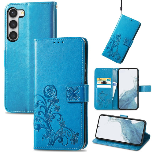 Samsung Galaxy A14 5G Four-leaf Clasp Embossed Buckle Leather Phone Case - Blue