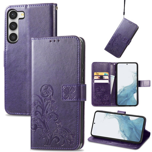 Samsung Galaxy A14 5G Four-leaf Clasp Embossed Buckle Leather Phone Case - Purple