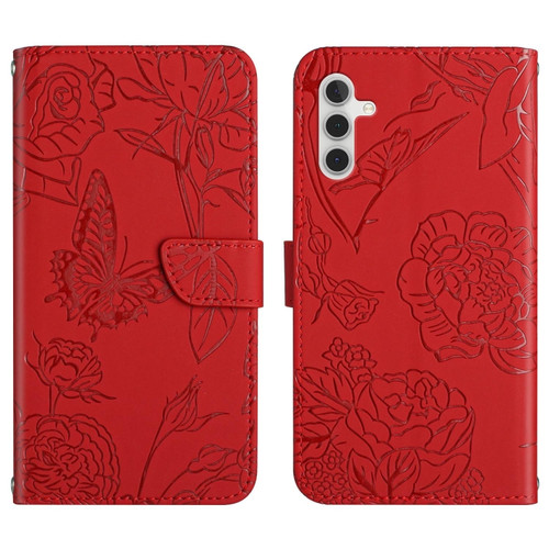 Samsung Galaxy A14 5G HT03 Skin Feel Butterfly Embossed Flip Leather Phone Case - Red