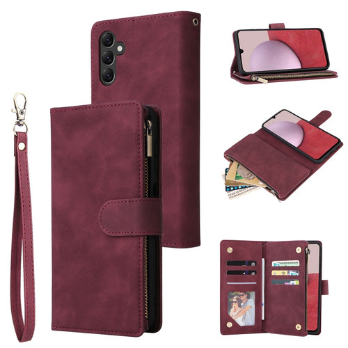 Samsung Galaxy A14 5G Multifunctional Frosted Zipper Wallet Leather Phone Case - Wine Red