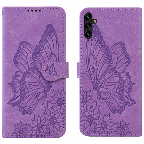 Samsung Galaxy A14 5G Retro Skin Feel Butterflies Embossing Horizontal Flip Leather Phone Case - Purple