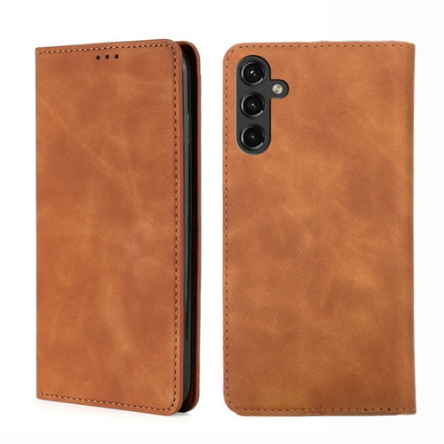 Samsung Galaxy A14 5G Skin Feel Magnetic Horizontal Flip Leather Phone Case - Light Brown