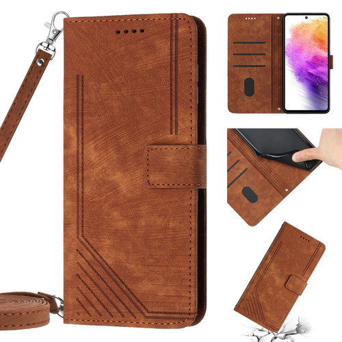 Samsung Galaxy A14 5G Skin Feel Stripe Pattern Leather Phone Case with Lanyard - Brown