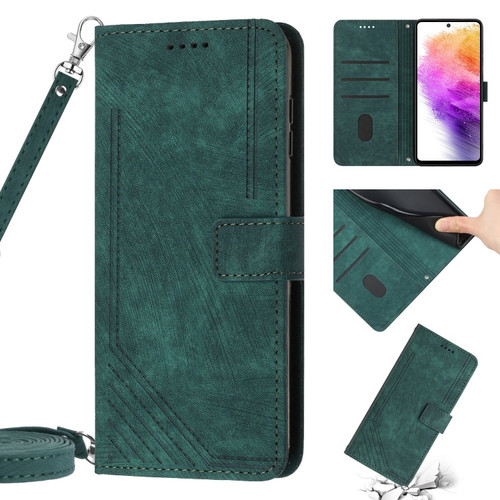 Samsung Galaxy A14 5G Skin Feel Stripe Pattern Leather Phone Case with Lanyard - Green