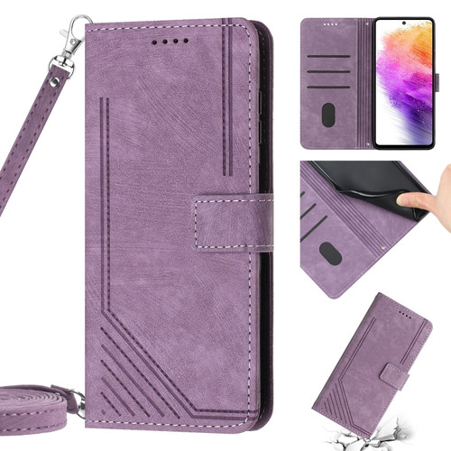 Samsung Galaxy A14 5G Skin Feel Stripe Pattern Leather Phone Case with Lanyard - Purple
