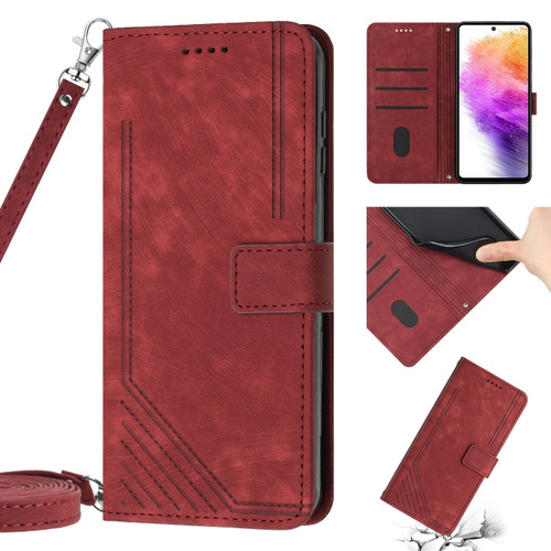 Samsung Galaxy A14 5G Skin Feel Stripe Pattern Leather Phone Case with Lanyard - Red