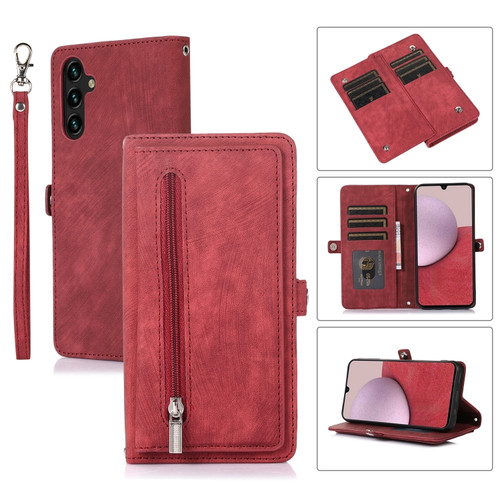 Samsung Galaxy A14 5G Zipper Card Slot Buckle Wallet Leather Phone Case - Red