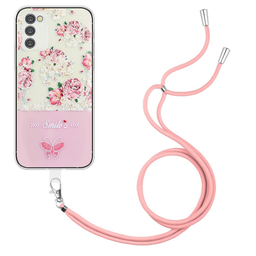Samsung Galaxy A54 5G Bronzing Butterfly Flower TPU Phone Case with Lanyard - Peony