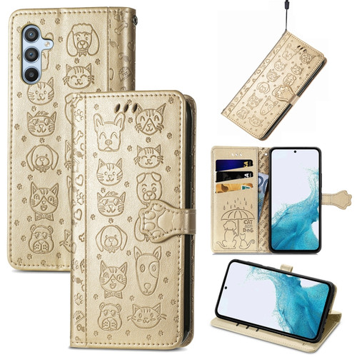 Samsung Galaxy A54 5G Cat and Dog Embossed Leather Phone Case - Gold