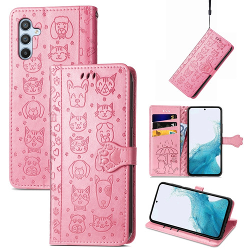 Samsung Galaxy A54 5G Cat and Dog Embossed Leather Phone Case - Pink