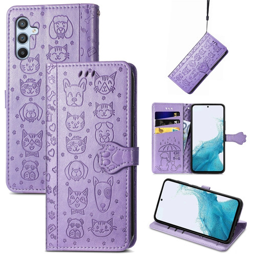 Samsung Galaxy A54 5G Cat and Dog Embossed Leather Phone Case - Purple