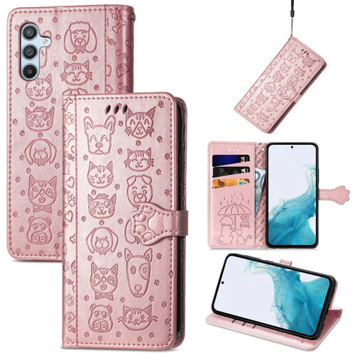 Samsung Galaxy A54 5G Cat and Dog Embossed Leather Phone Case - Rose Gold