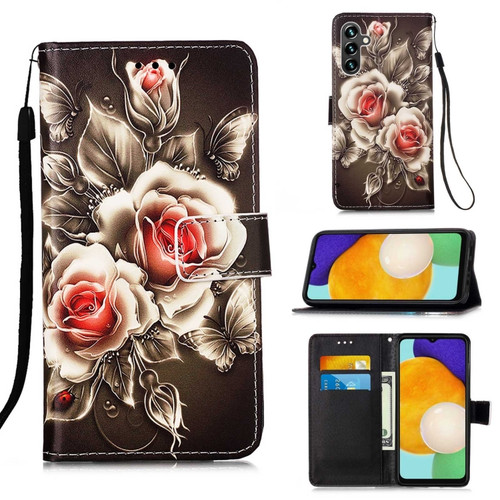 Samsung Galaxy A54 5G Colored Drawing Pattern Plain Weave Leather Phone Case - Roses On Black