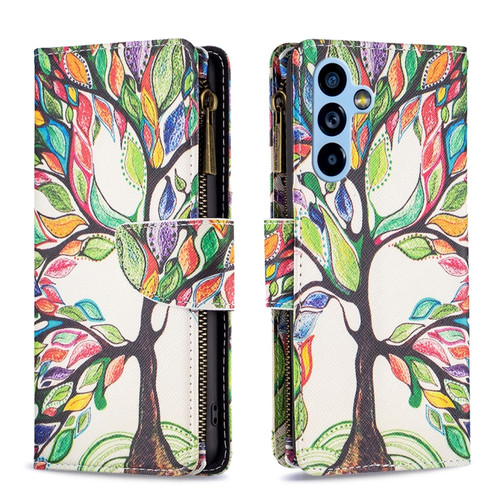 Samsung Galaxy A54 5G Colored Drawing Pattern Zipper Leather Phone Case - Big Tree