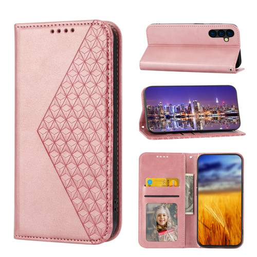 Samsung Galaxy A54 5G Cubic Grid Calf Texture Magnetic Leather Phone Case - Rose Gold