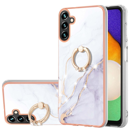 Samsung Galaxy A54 5G Electroplating Marble IMD TPU Phone Case with Ring Holder - White 006