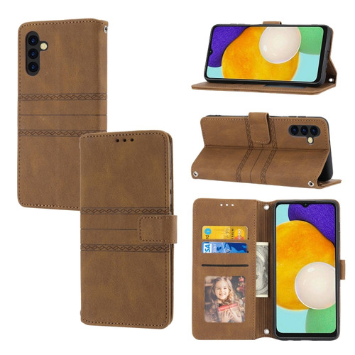 Samsung Galaxy A54 5G Embossed Stripes Skin Feel Leather Phone Case - Brown