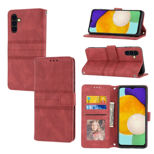 Samsung Galaxy A54 5G Embossed Stripes Skin Feel Leather Phone Case - Red