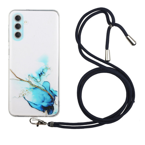 Samsung Galaxy A54 5G Hollow Marble Pattern TPU Shockproof Phone Case with Neck Strap Rope - Blue