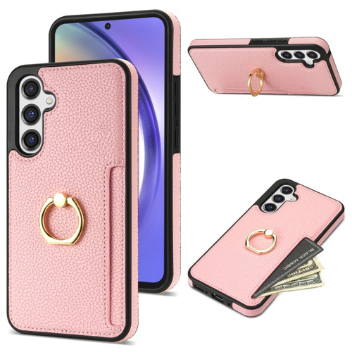 Samsung Galaxy A54 5G Ring Card Litchi Leather Back Phone Case - Pink