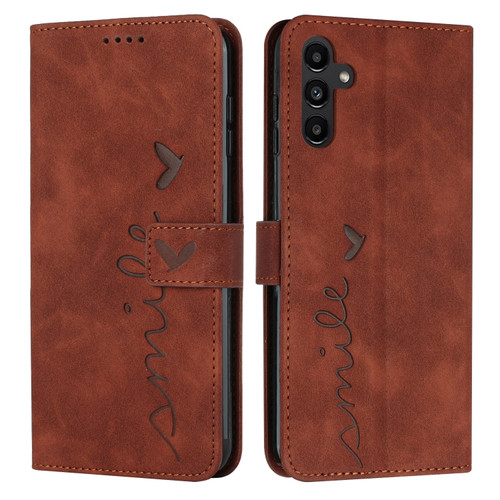 Samsung Galaxy A54 5G Skin Feel Heart Embossed Leather Phone Case - Brown