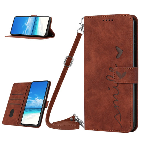 Samsung Galaxy A54 5G Skin Feel Heart Embossed Leather Phone Case with Lanyard - Brown