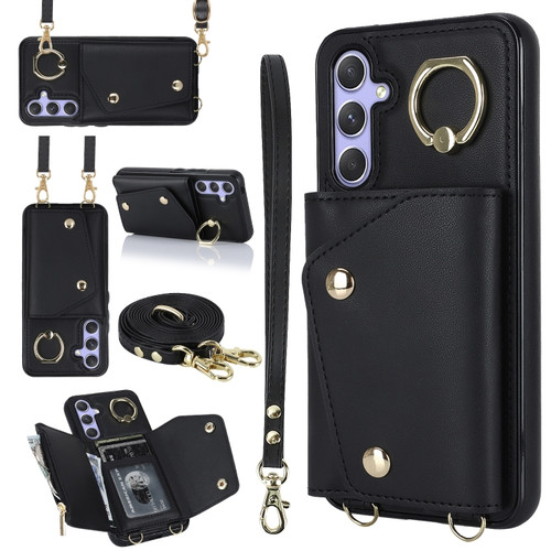 Samsung Galaxy A54 5G Zipper Card Bag Phone Case with Dual Lanyard - Black