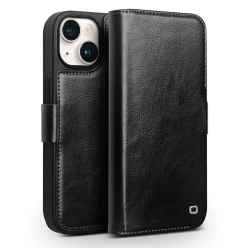 iPhone 15 Plus QIALINO Classic 103 Buckle Genuine Leather Phone Case - Black