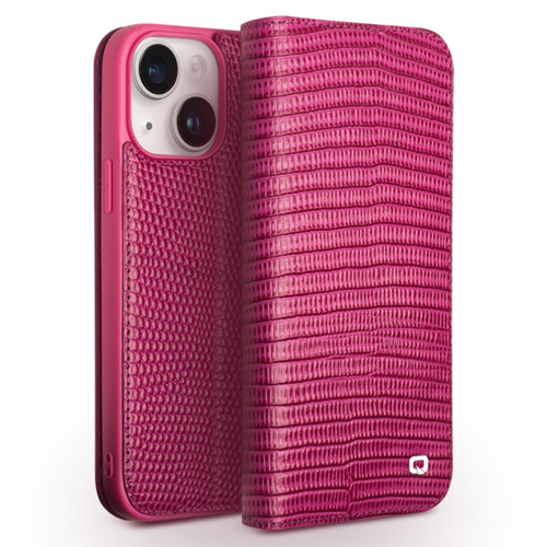 iPhone 15 Plus QIALINO Little Crocodile Texture Genuine Leather Phone Case - Rose Red