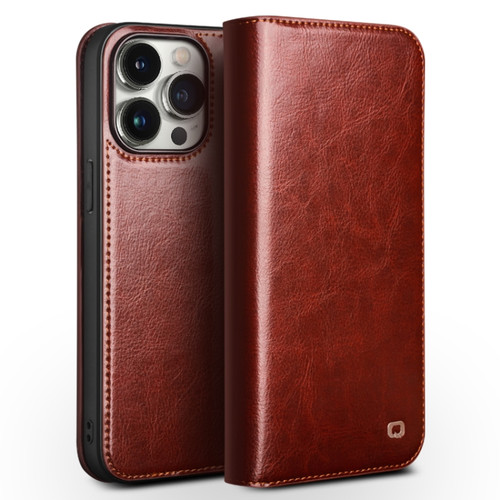 iPhone 15 Pro Max QIALINO Classic Genuine Leather Phone Case - Brown
