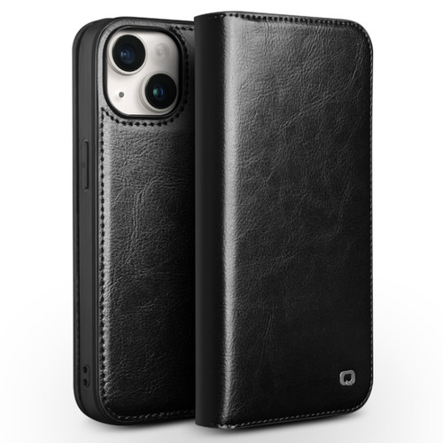 iPhone 15 QIALINO Classic Genuine Leather Phone Case - Black
