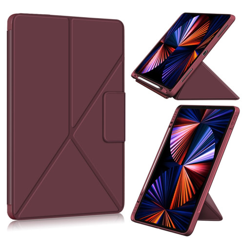 iPad Pro 12.9 2022 / 2021 Multi-folding Horizontal Flip PU Leather Shockproof Tablet Case with Holder & Sleep / Wake-up Function - Wine