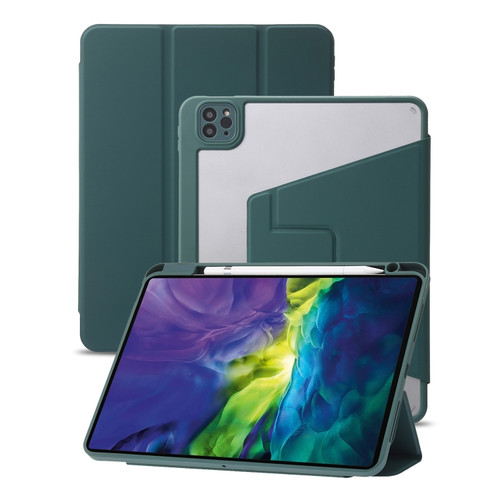iPad Pro 12.9 2022 / 2021 / 2020 / 2018 3-Fold 360 Rotation Acrylic Leather Smart Tablet Case - Deep Green