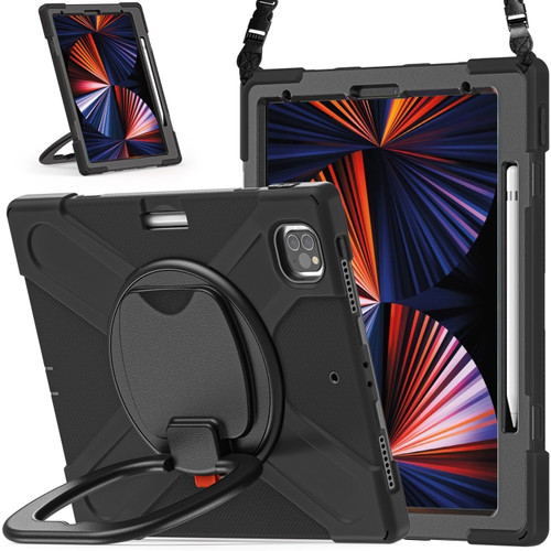 iPad Pro 12.9 2022 / 2021 Silicone + PC Protective Tablet Case with Holder & Shoulder Strap - Black+Black