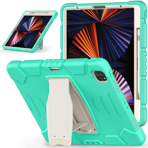 iPad Pro 12.9 2022 / 2021 3-Layer Protection Screen Frame + PC + Silicone Shockproof Combination Tablet Case with Holder - Mint Green