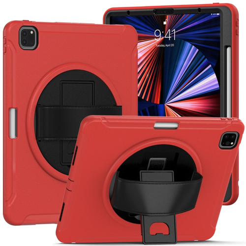 iPad Pro 12.9 2022 / 2021 360 Degree Rotation PC + TPU Protective Tablet Case with Holder & Hand-strap - Red